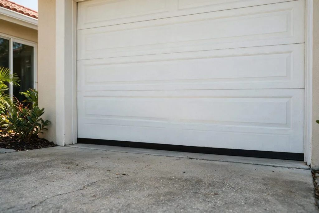 Illustration: the same garage door with a new bottom seal resting flat on the driveway