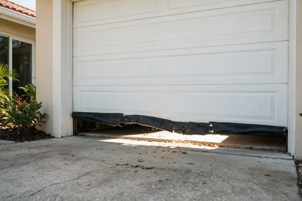 Illustration: a torn garage door bottom seal with daylight, leaves and sand under the door