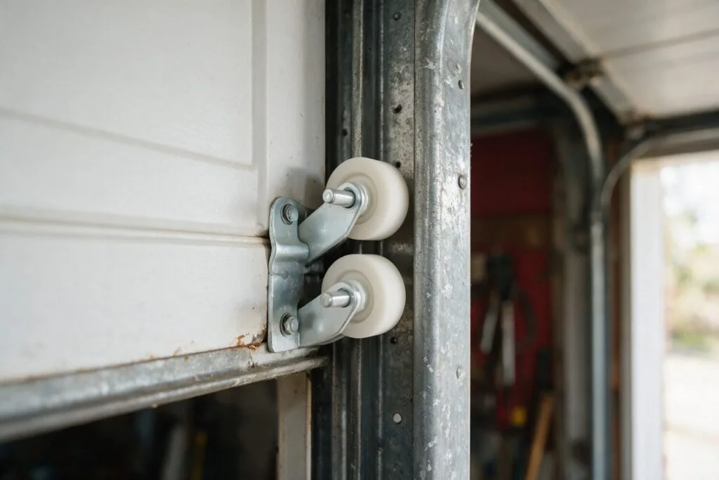Illustration: new nylon garage door rollers and galvanized hinges on a clean track