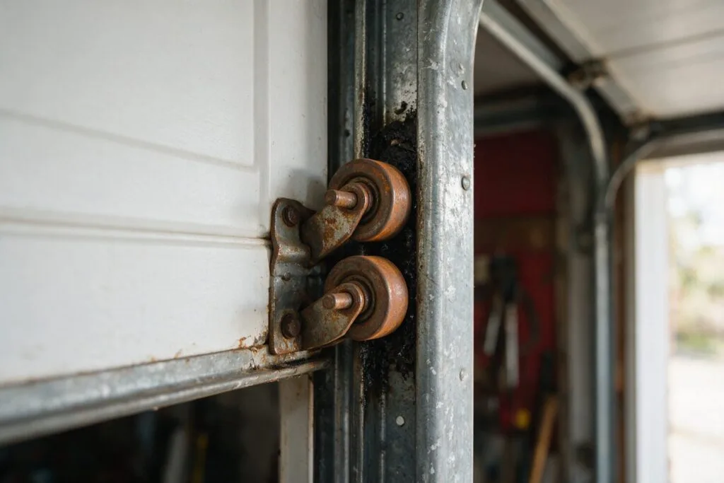 Illustration: rusty garage door rollers and hinges with grime on the track