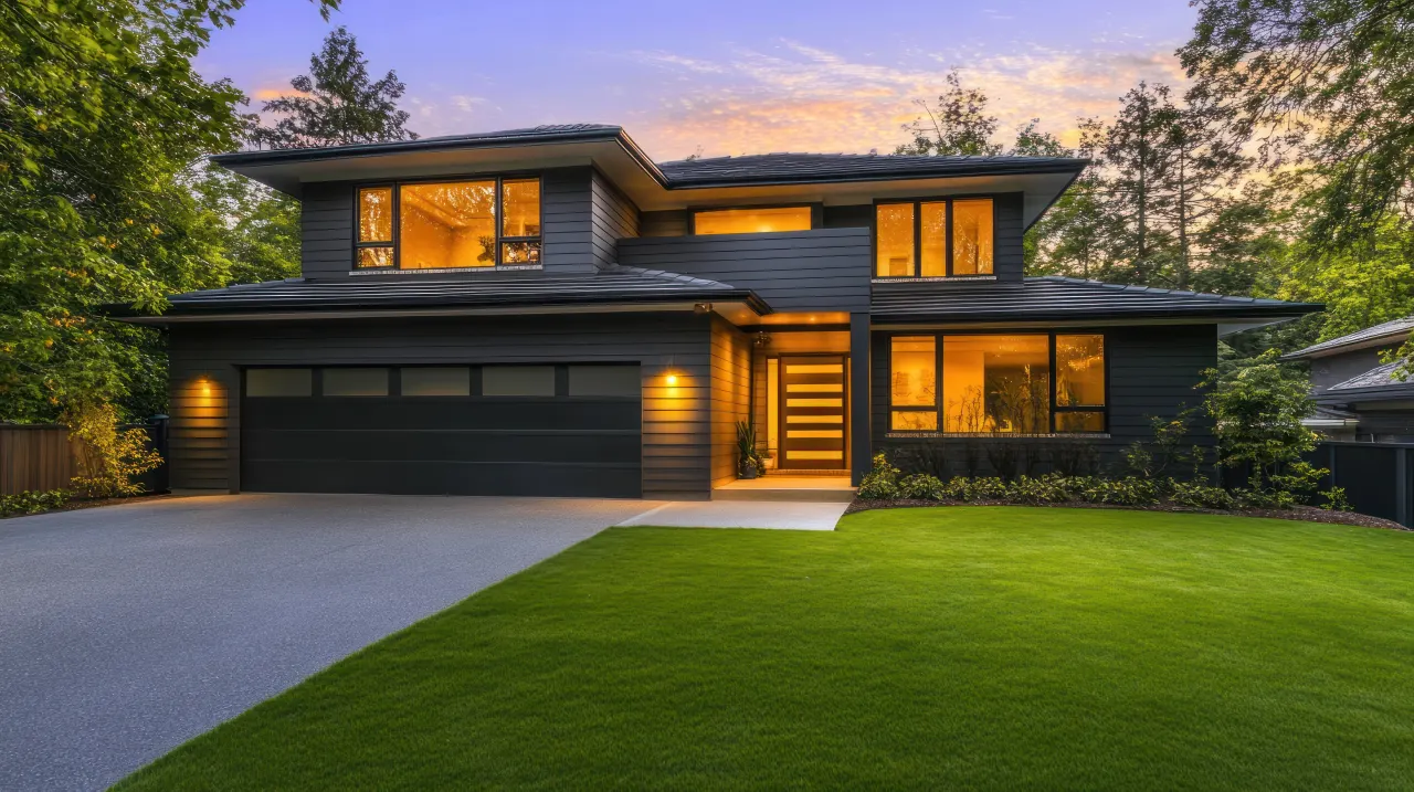 Home with a closed garage door at dusk