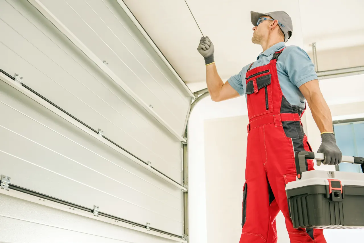 Technician installing a new sectional garage door