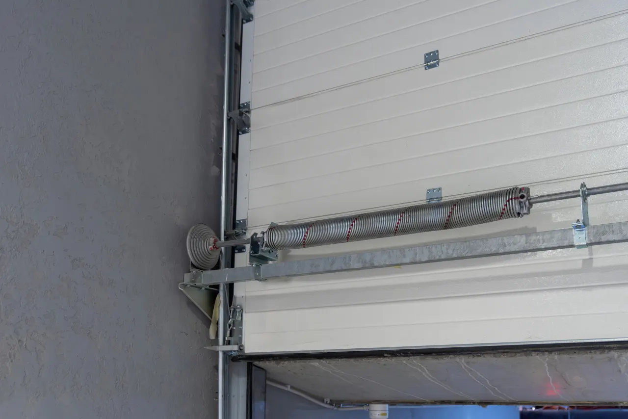 Torsion spring and opener rail above a white sectional garage door