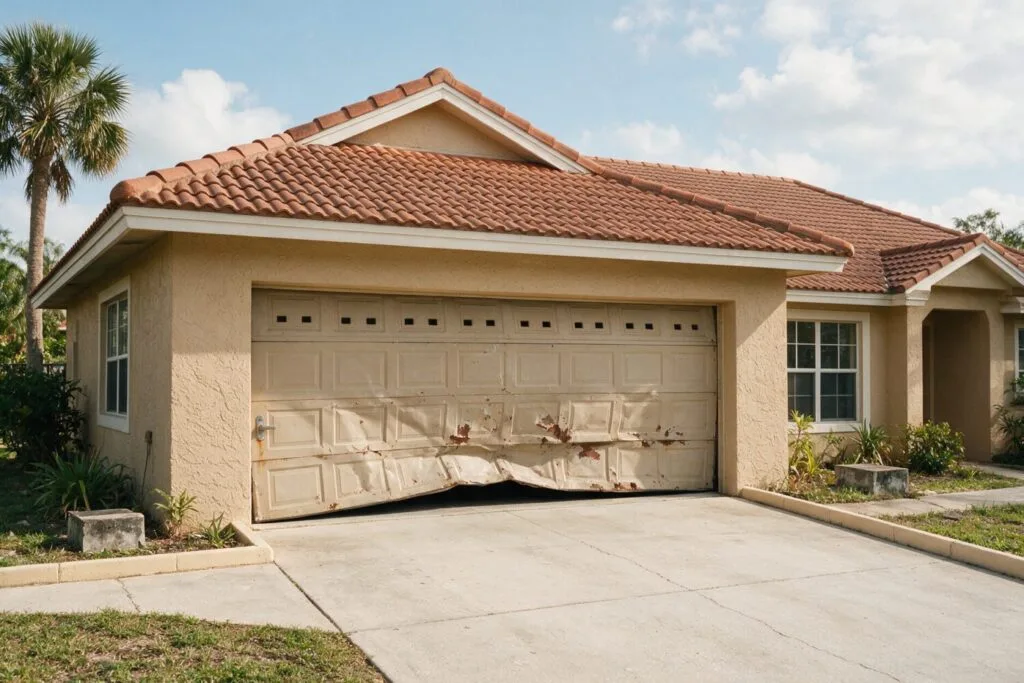 Illustration: a dented, faded garage door on a Florida stucco home