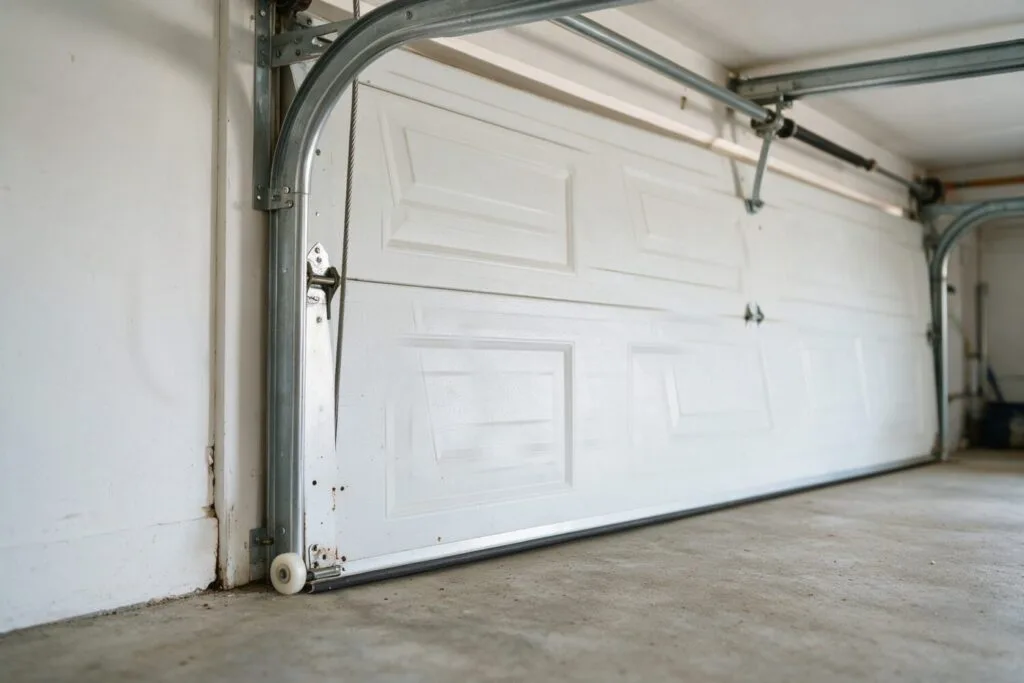 Illustration: the same garage door hanging level with the roller back inside the track