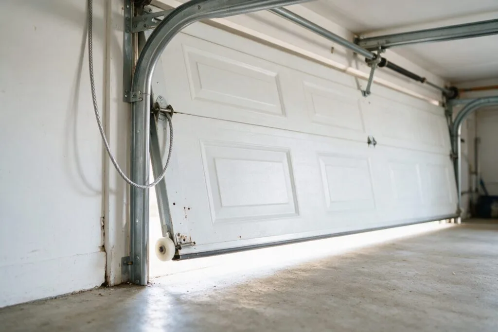 Illustration: a garage door hanging crooked after the lift cable came off and a roller left the track