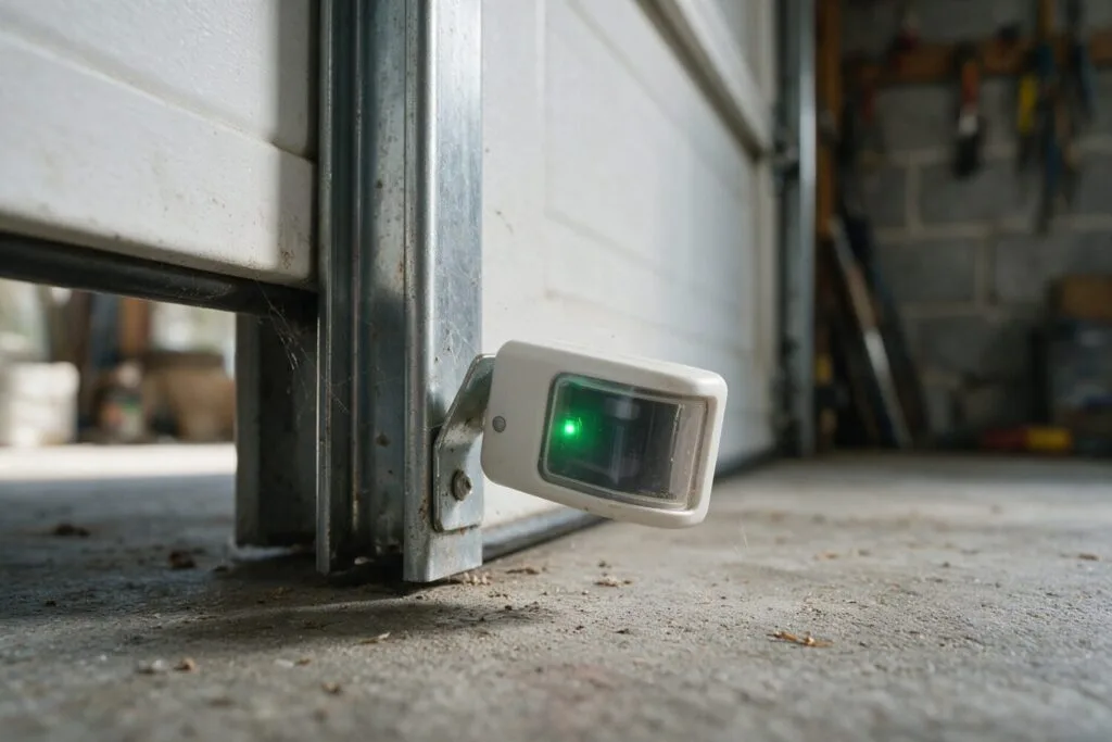 Illustration: the same safety sensor cleaned, aimed level and showing a green light