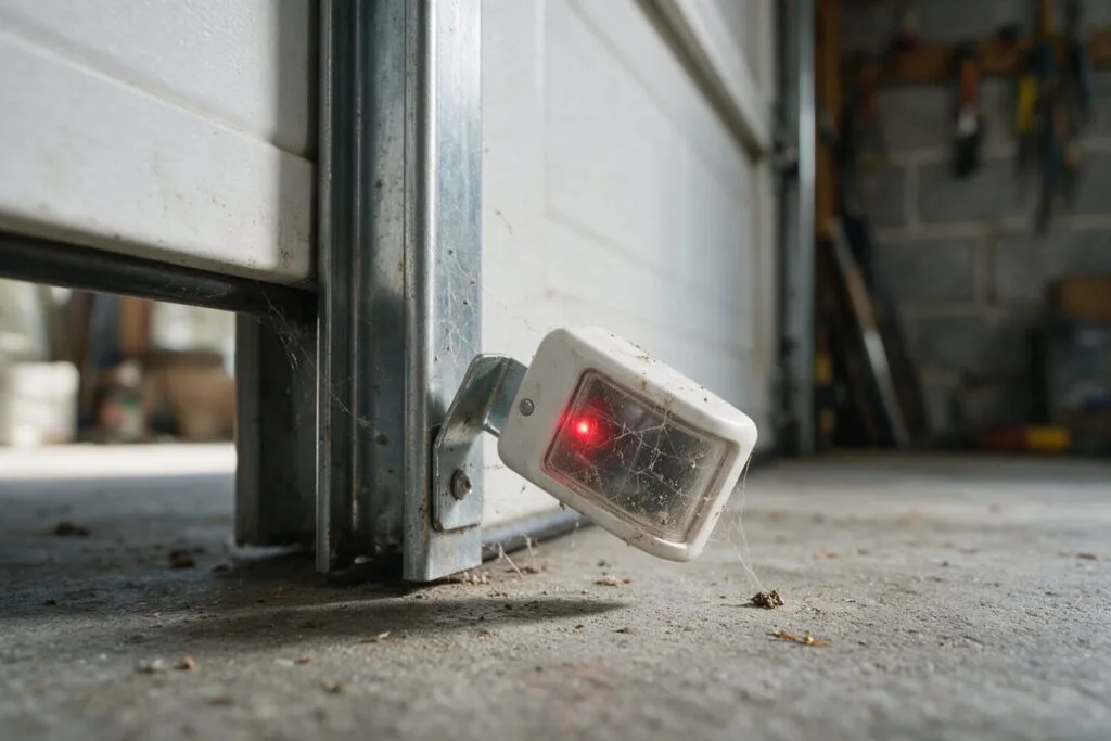 Illustration: a dirty garage door safety sensor on a bent bracket with a red light