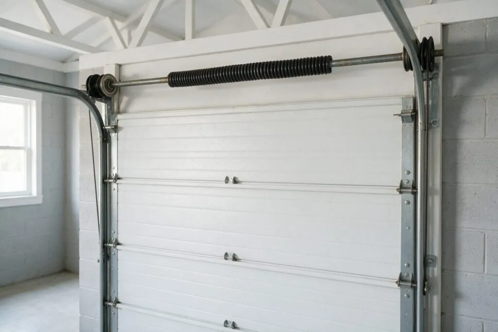 Illustration: the same garage door with a new, unbroken torsion spring