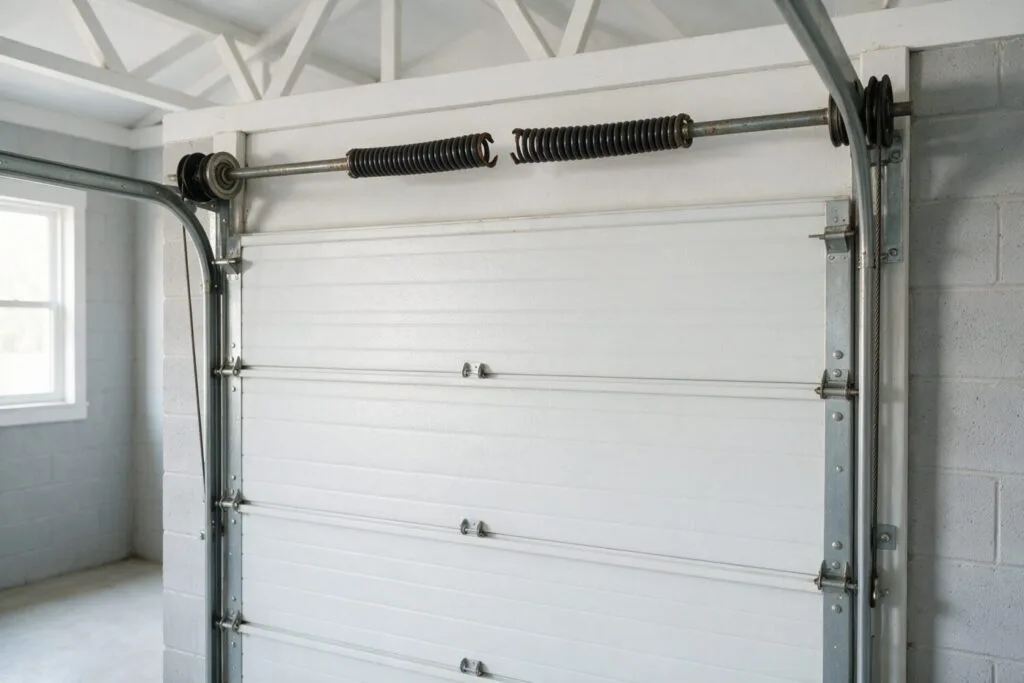 Illustration: a broken torsion spring with a gap in the coil above a garage door