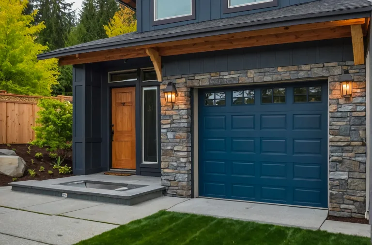 Modern home with a blue raised-panel garage door and stone facade