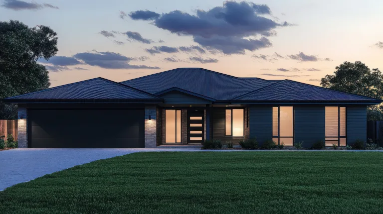 Single story home with a garage door at dusk