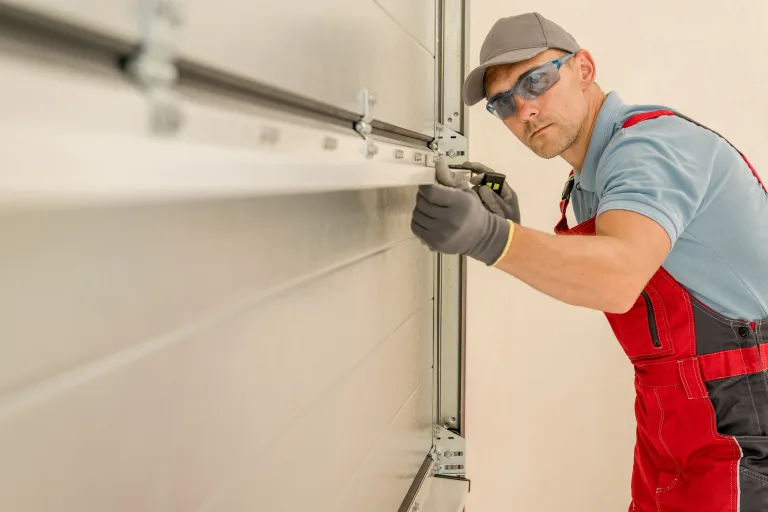 Technician adjusting a garage door track and rollers