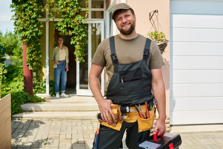 Smiling technician with a tool belt and toolbox outside a home