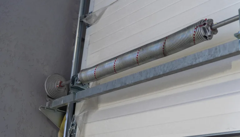 Close-up of a steel torsion spring on the shaft above a sectional garage door