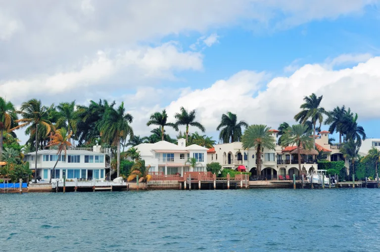 Waterfront homes lined with palm trees under a blue sky